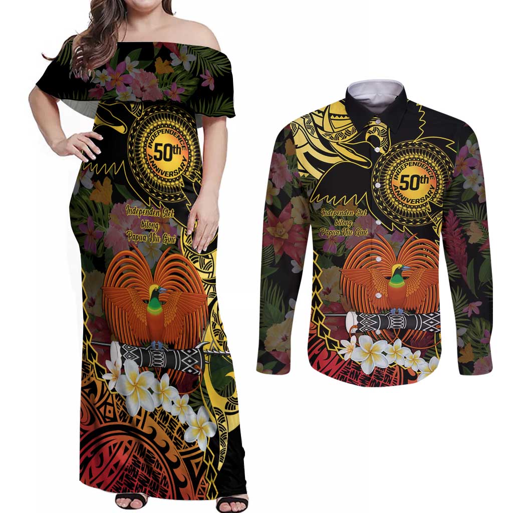 Papua New Guinea 50th Independence Anniversary Couples Matching Off Shoulder Maxi Dress and Long Sleeve Button Shirt Independen Stet bilong Papua Niu Gini LT14