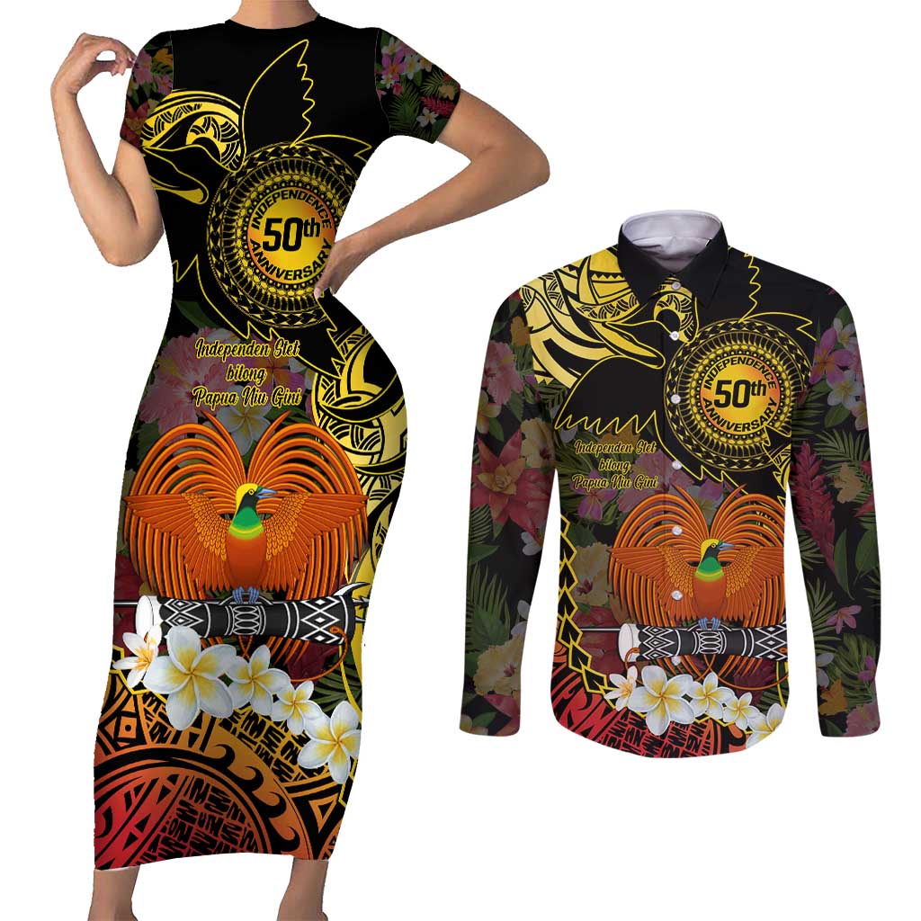 Papua New Guinea 50th Independence Anniversary Couples Matching Short Sleeve Bodycon Dress and Long Sleeve Button Shirt Independen Stet bilong Papua Niu Gini LT14