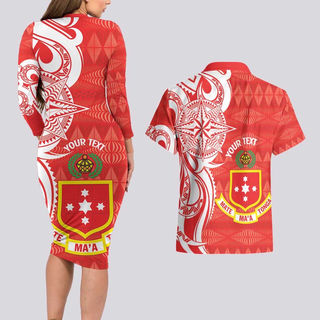 Personalised Kolisi Tonga Couples Matching Long Sleeve Bodycon Dress and Hawaiian Shirt Mate Maa Tonga Ngatu Pattern - Polynesian Pride