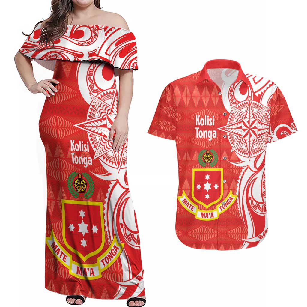 Personalised Kolisi Tonga Couples Matching Off Shoulder Maxi Dress and Hawaiian Shirt Mate Maa Tonga Ngatu Pattern - Polynesian Pride