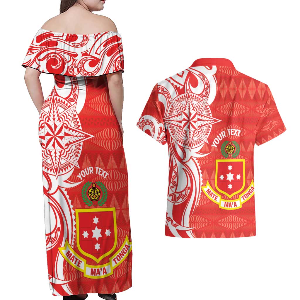 Personalised Kolisi Tonga Couples Matching Off Shoulder Maxi Dress and Hawaiian Shirt Mate Maa Tonga Ngatu Pattern - Polynesian Pride