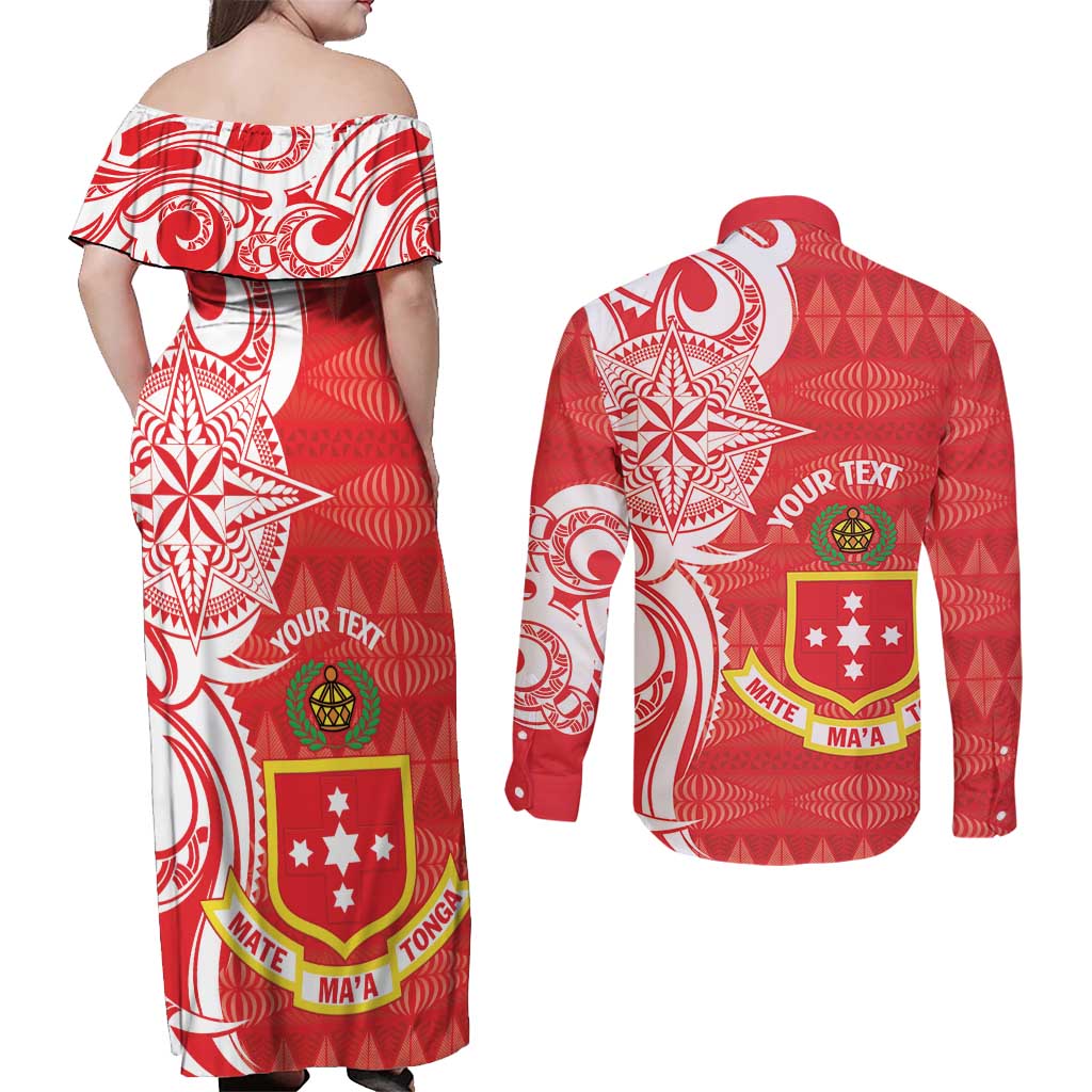 Personalised Kolisi Tonga Couples Matching Off Shoulder Maxi Dress and Long Sleeve Button Shirt Mate Maa Tonga Ngatu Pattern - Polynesian Pride