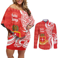Personalised Kolisi Tonga Couples Matching Off Shoulder Short Dress and Long Sleeve Button Shirt Mate Maa Tonga Ngatu Pattern - Polynesian Pride