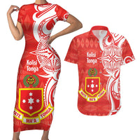 Personalised Kolisi Tonga Couples Matching Short Sleeve Bodycon Dress and Hawaiian Shirt Mate Maa Tonga Ngatu Pattern - Polynesian Pride
