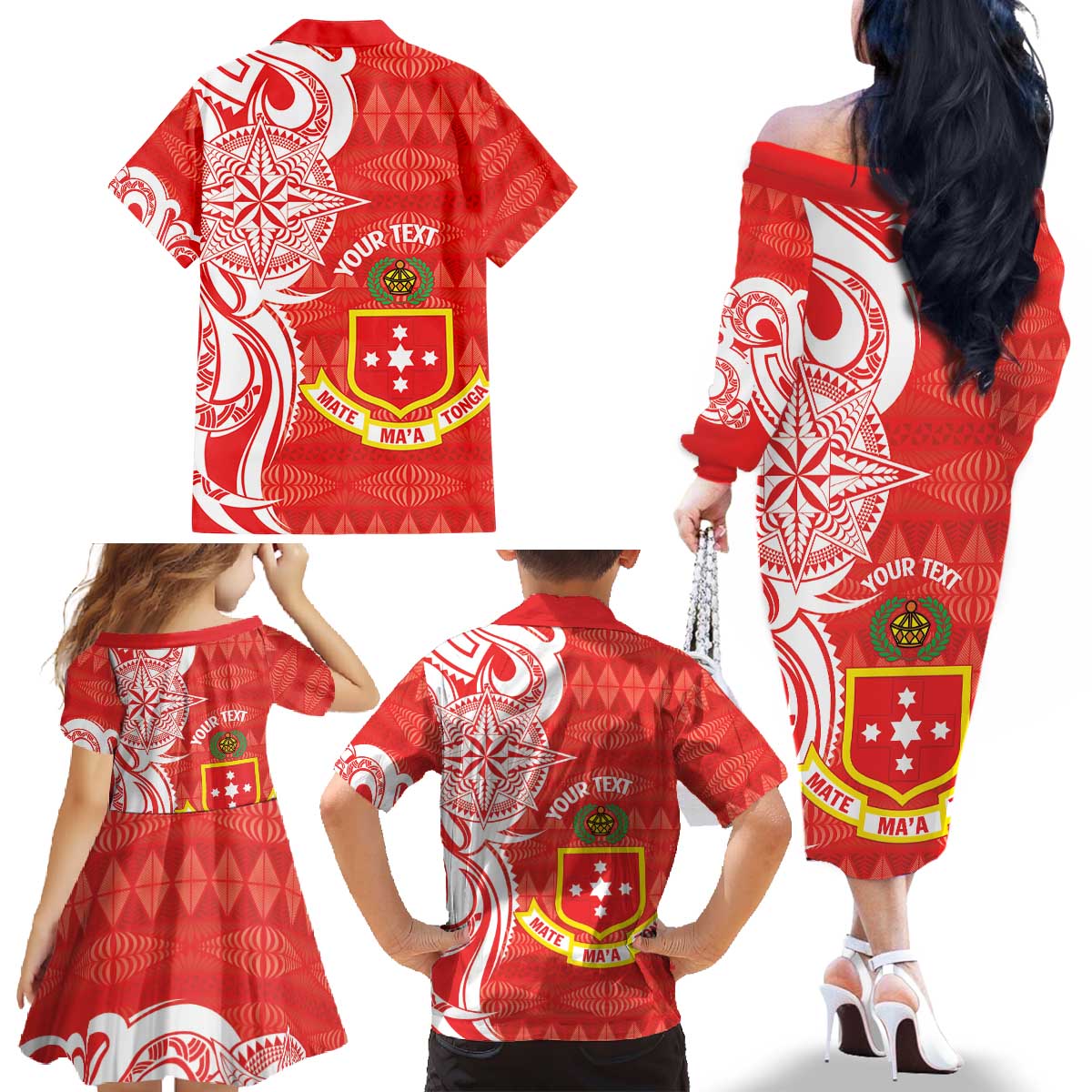 Personalised Kolisi Tonga Family Matching Off The Shoulder Long Sleeve Dress and Hawaiian Shirt Mate Maa Tonga Ngatu Pattern - Polynesian Pride