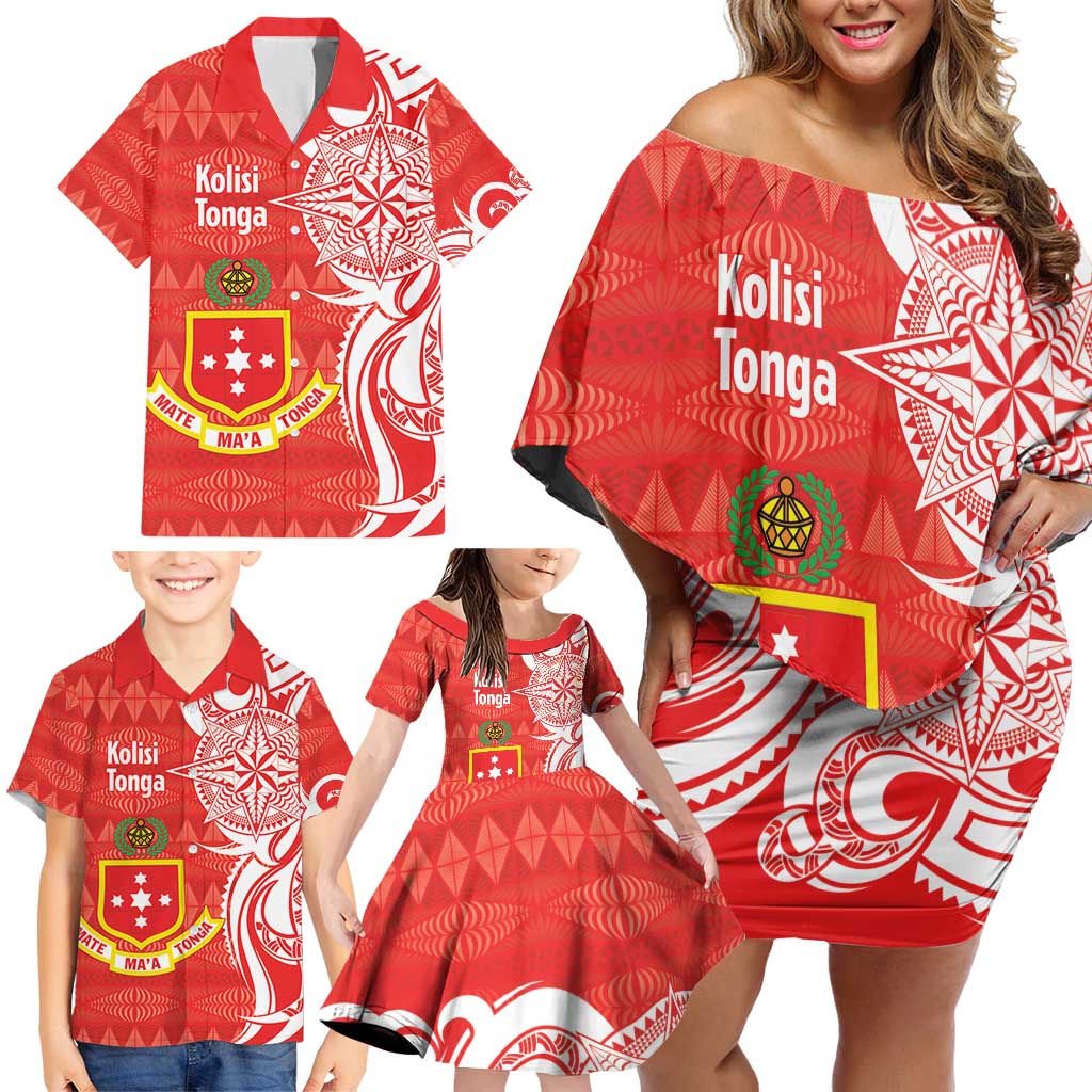 Personalised Kolisi Tonga Family Matching Off Shoulder Short Dress and Hawaiian Shirt Mate Maa Tonga Ngatu Pattern - Polynesian Pride