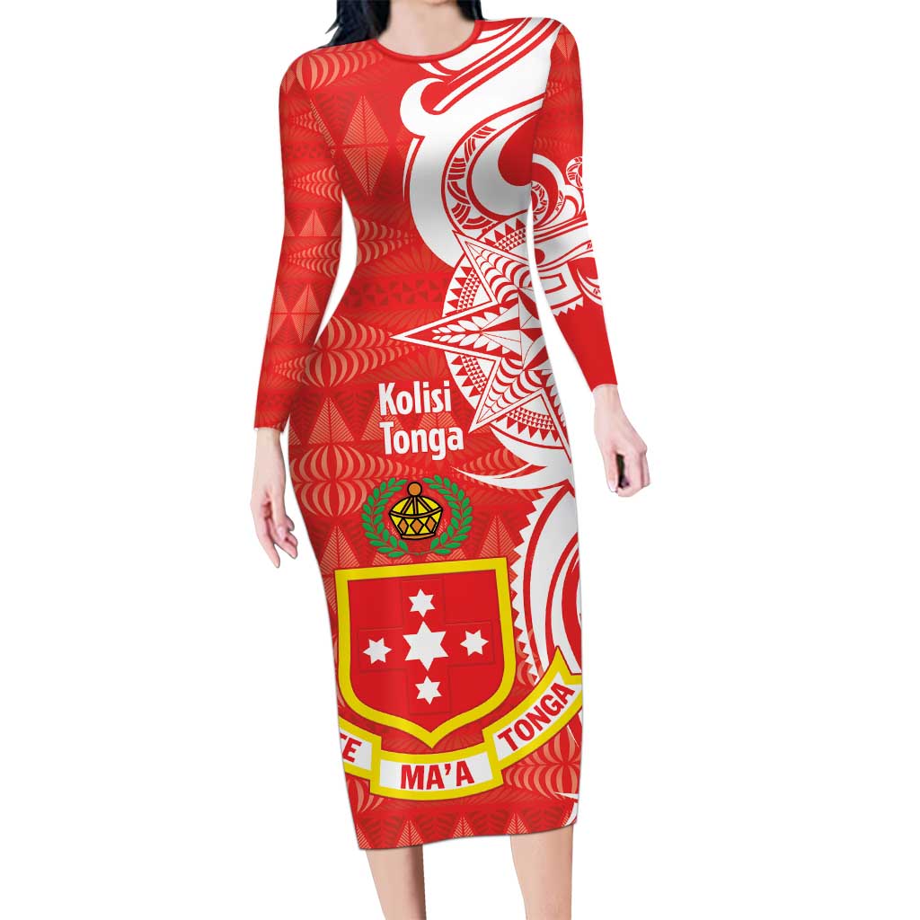 Personalised Kolisi Tonga Long Sleeve Bodycon Dress Mate Maa Tonga Ngatu Pattern - Polynesian Pride