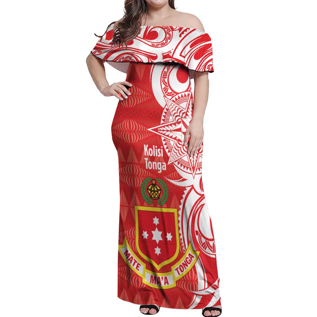Personalised Kolisi Tonga Off Shoulder Maxi Dress Mate Maa Tonga Ngatu Pattern - Polynesian Pride