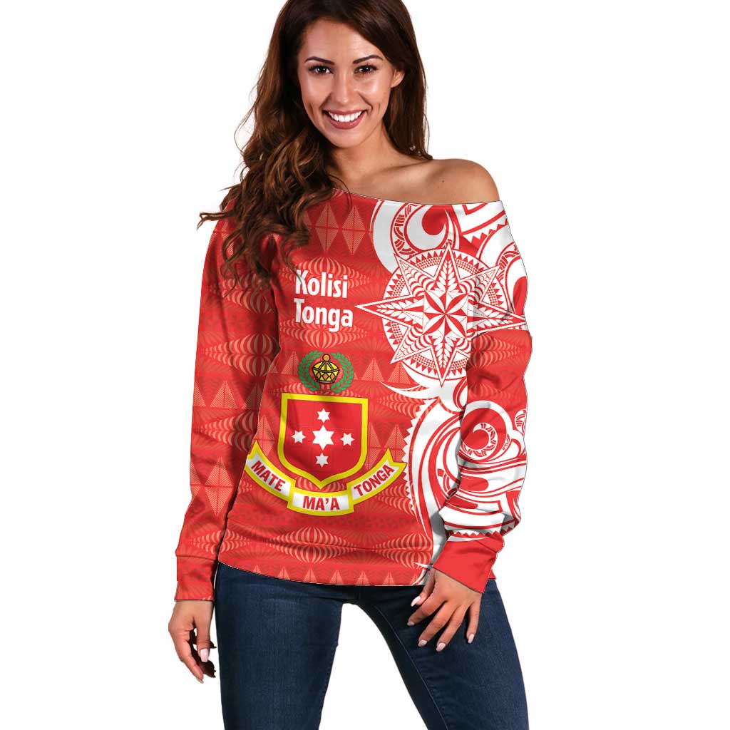 Personalised Kolisi Tonga Off Shoulder Sweater Mate Maa Tonga Ngatu Pattern - Polynesian Pride