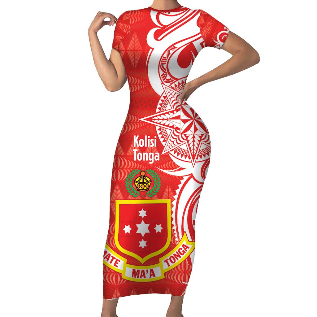 Personalised Kolisi Tonga Short Sleeve Bodycon Dress Mate Maa Tonga Ngatu Pattern - Polynesian Pride