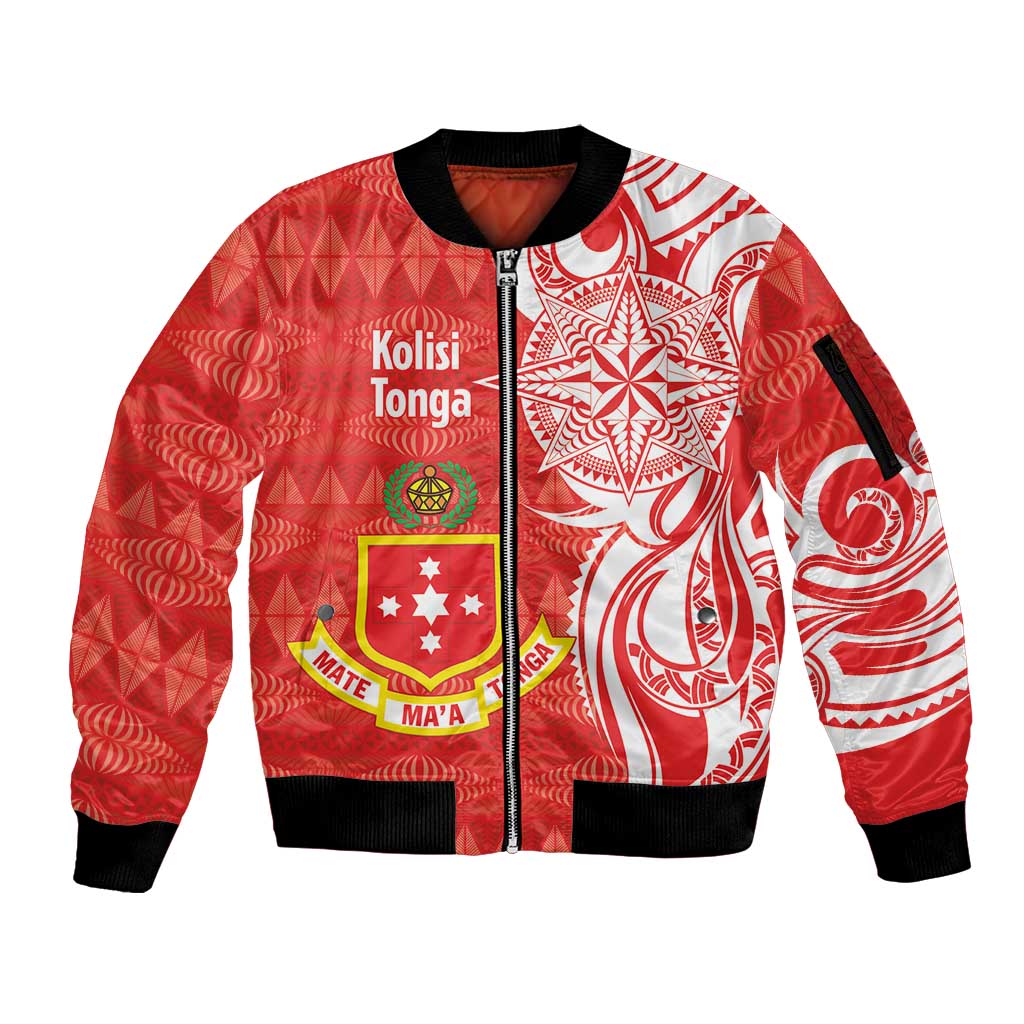 Personalised Kolisi Tonga Sleeve Zip Bomber Jacket Mate Maa Tonga Ngatu Pattern - Polynesian Pride