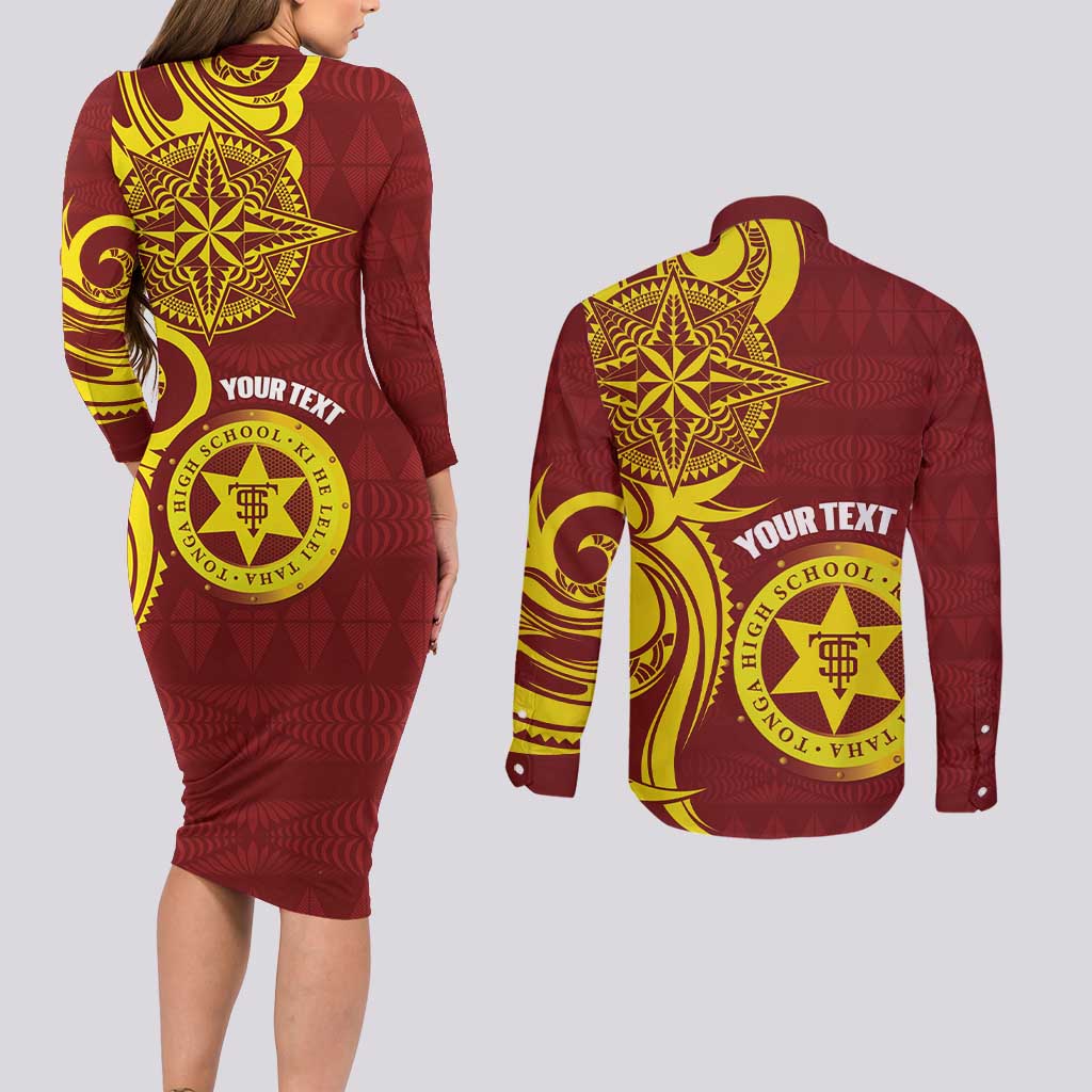 Personalised Tonga High School Couples Matching Long Sleeve Bodycon Dress and Long Sleeve Button Shirt THS Tongan Ngatu Pattern - Polynesian Pride