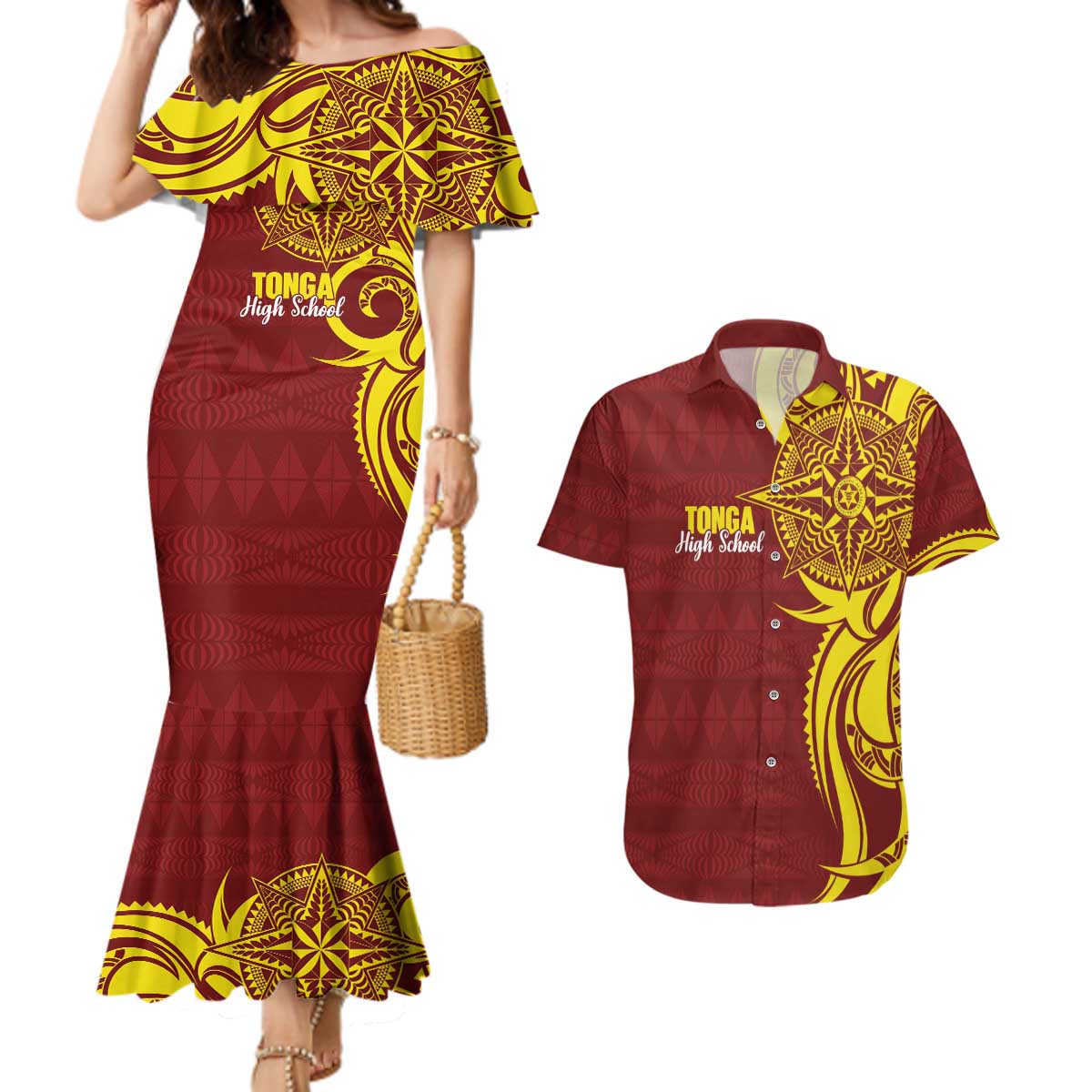 Personalised Tonga High School Couples Matching Mermaid Dress and Hawaiian Shirt THS Tongan Ngatu Pattern - Polynesian Pride