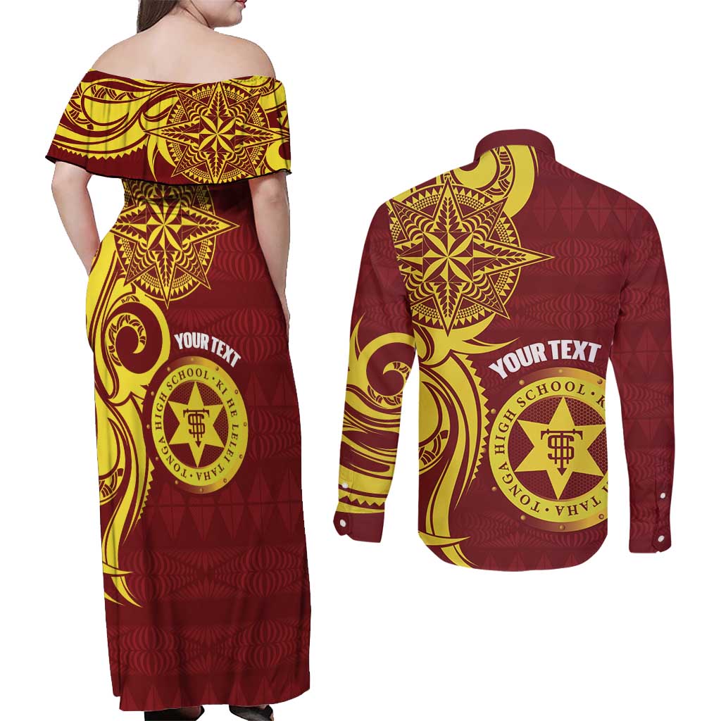 Personalised Tonga High School Couples Matching Off Shoulder Maxi Dress and Long Sleeve Button Shirt THS Tongan Ngatu Pattern - Polynesian Pride