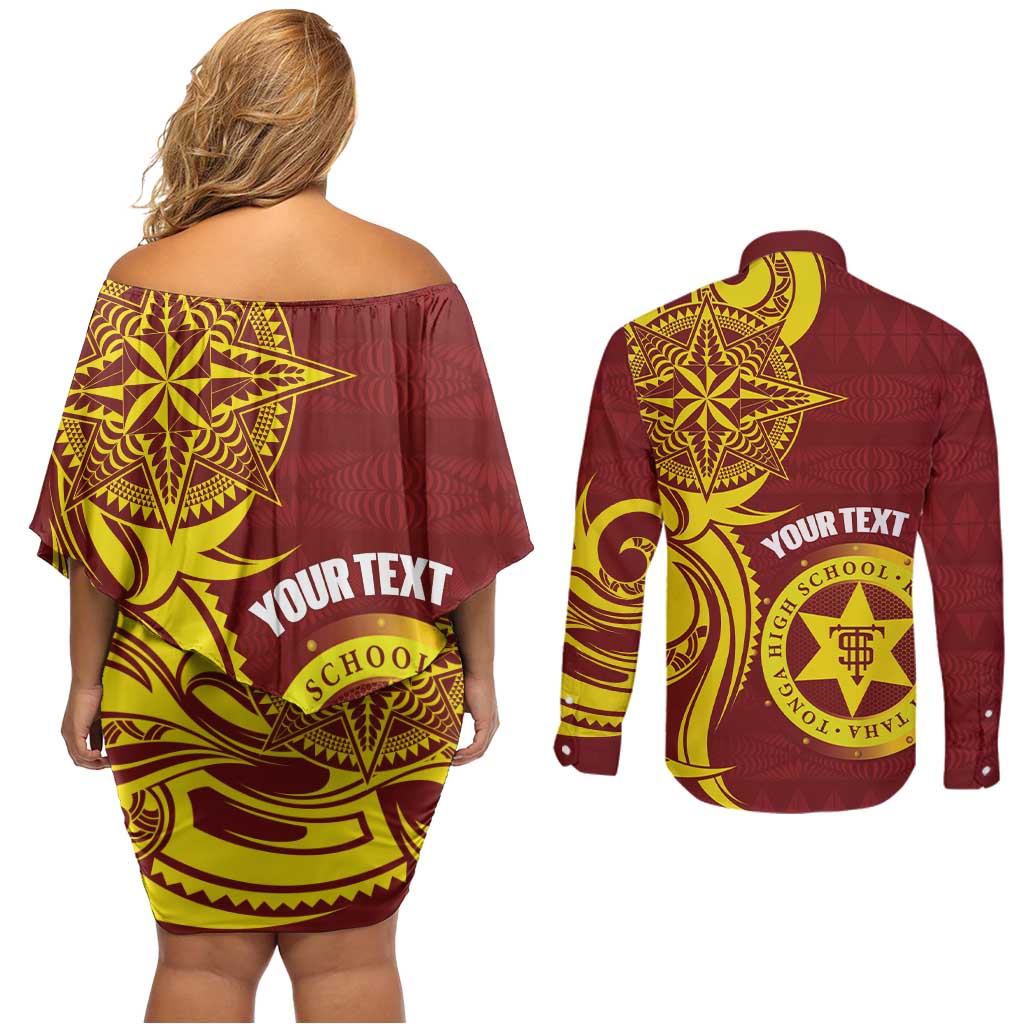 Personalised Tonga High School Couples Matching Off Shoulder Short Dress and Long Sleeve Button Shirt THS Tongan Ngatu Pattern - Polynesian Pride