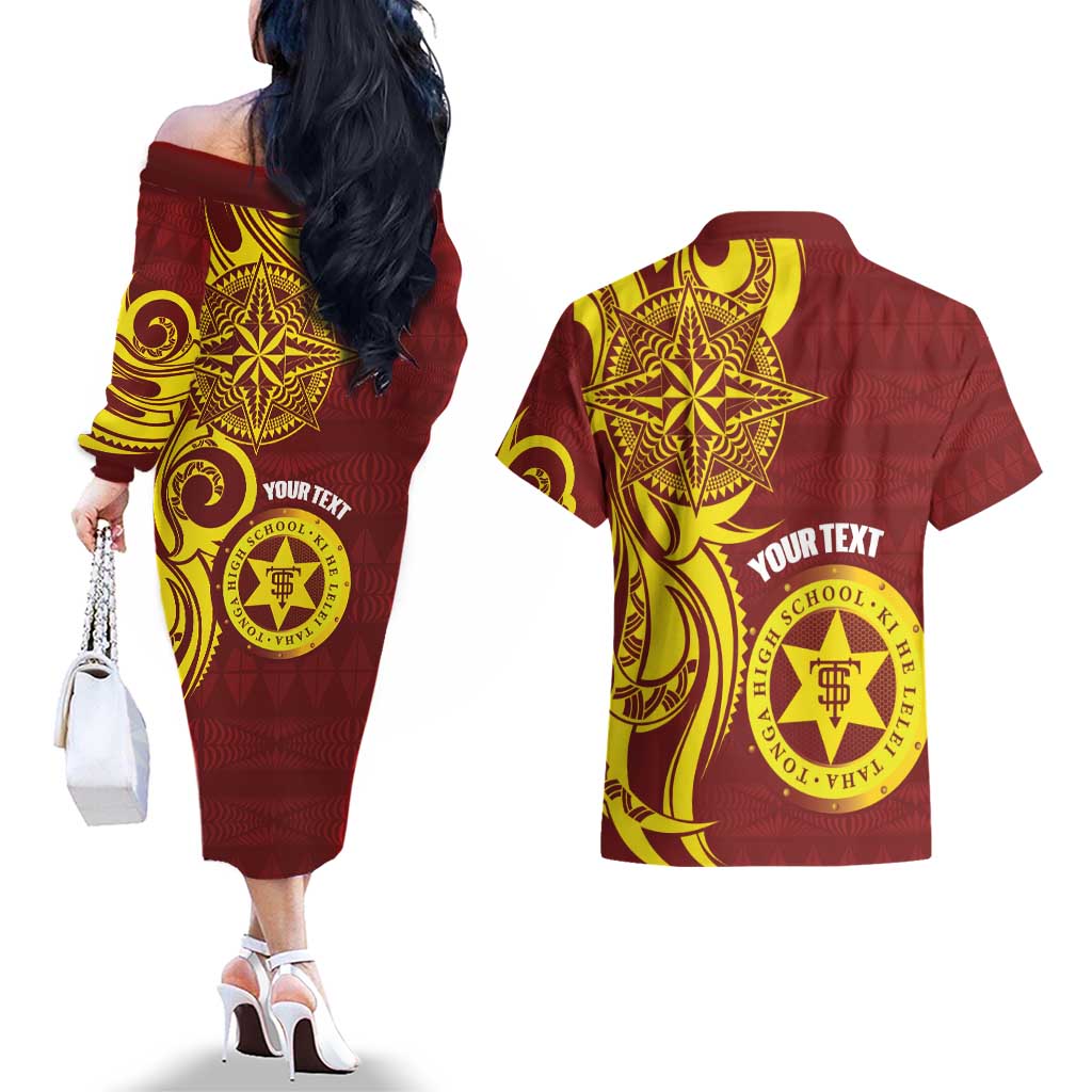Personalised Tonga High School Couples Matching Off The Shoulder Long Sleeve Dress and Hawaiian Shirt THS Tongan Ngatu Pattern - Polynesian Pride