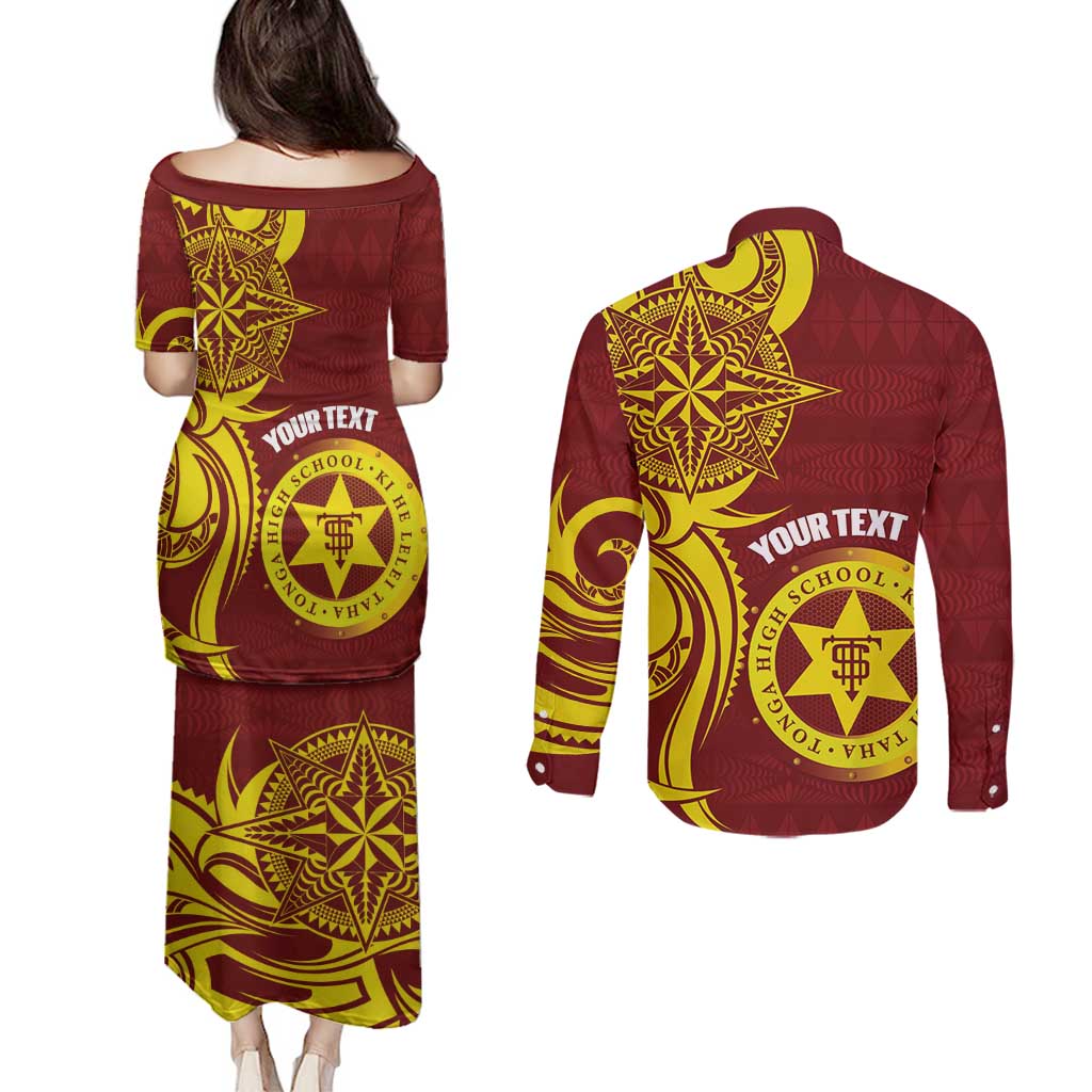 Personalised Tonga High School Couples Matching Puletasi and Long Sleeve Button Shirt THS Tongan Ngatu Pattern - Polynesian Pride