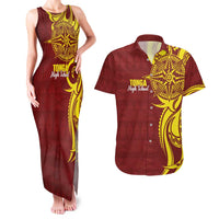 Personalised Tonga High School Couples Matching Tank Maxi Dress and Hawaiian Shirt THS Tongan Ngatu Pattern - Polynesian Pride