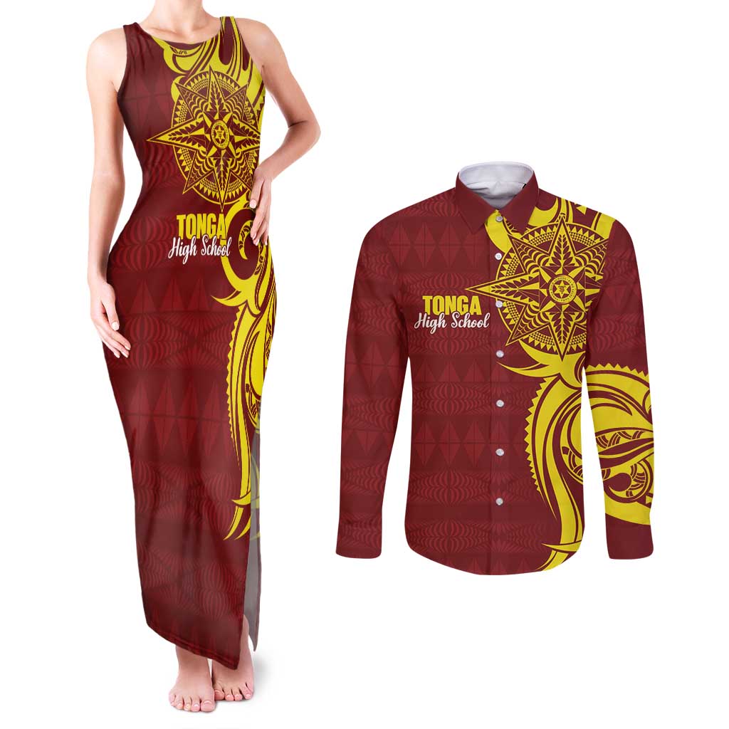 Personalised Tonga High School Couples Matching Tank Maxi Dress and Long Sleeve Button Shirt THS Tongan Ngatu Pattern - Polynesian Pride