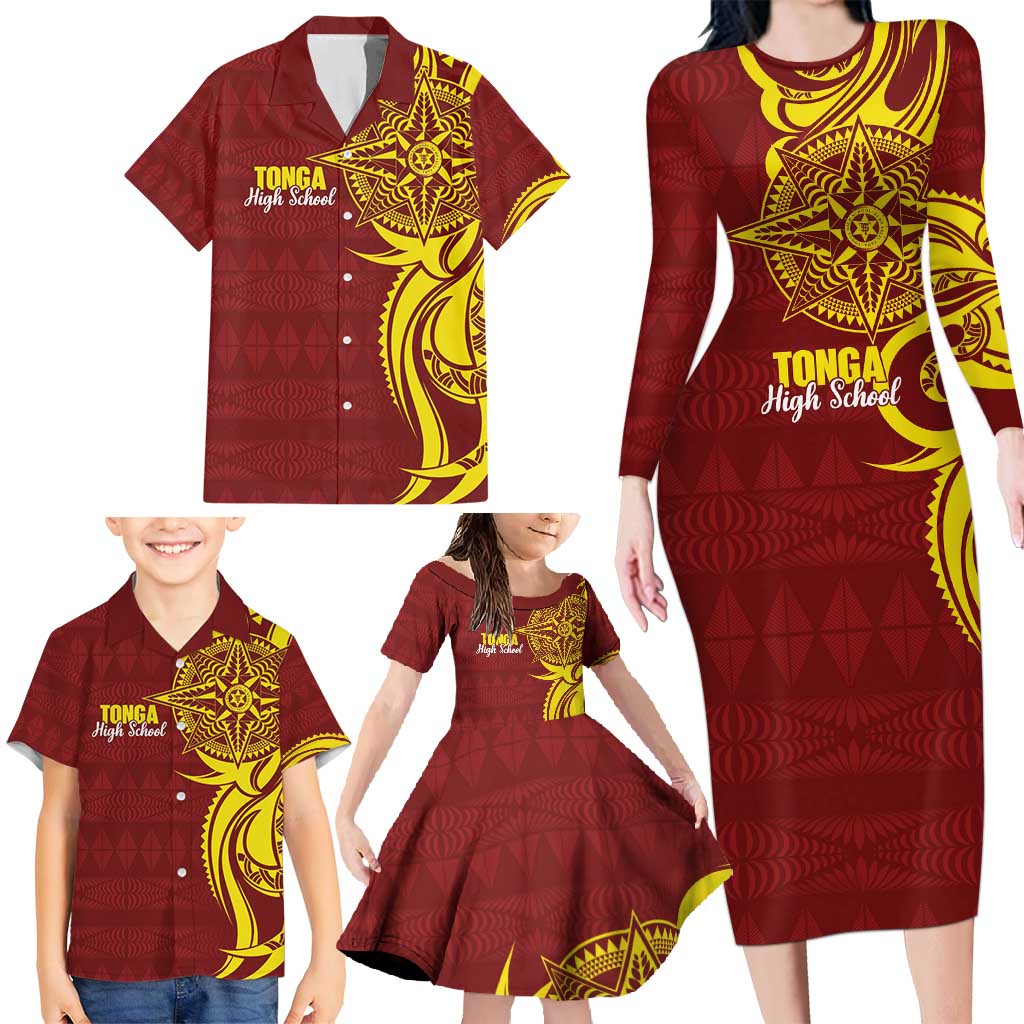 Personalised Tonga High School Family Matching Long Sleeve Bodycon Dress and Hawaiian Shirt THS Tongan Ngatu Pattern - Polynesian Pride