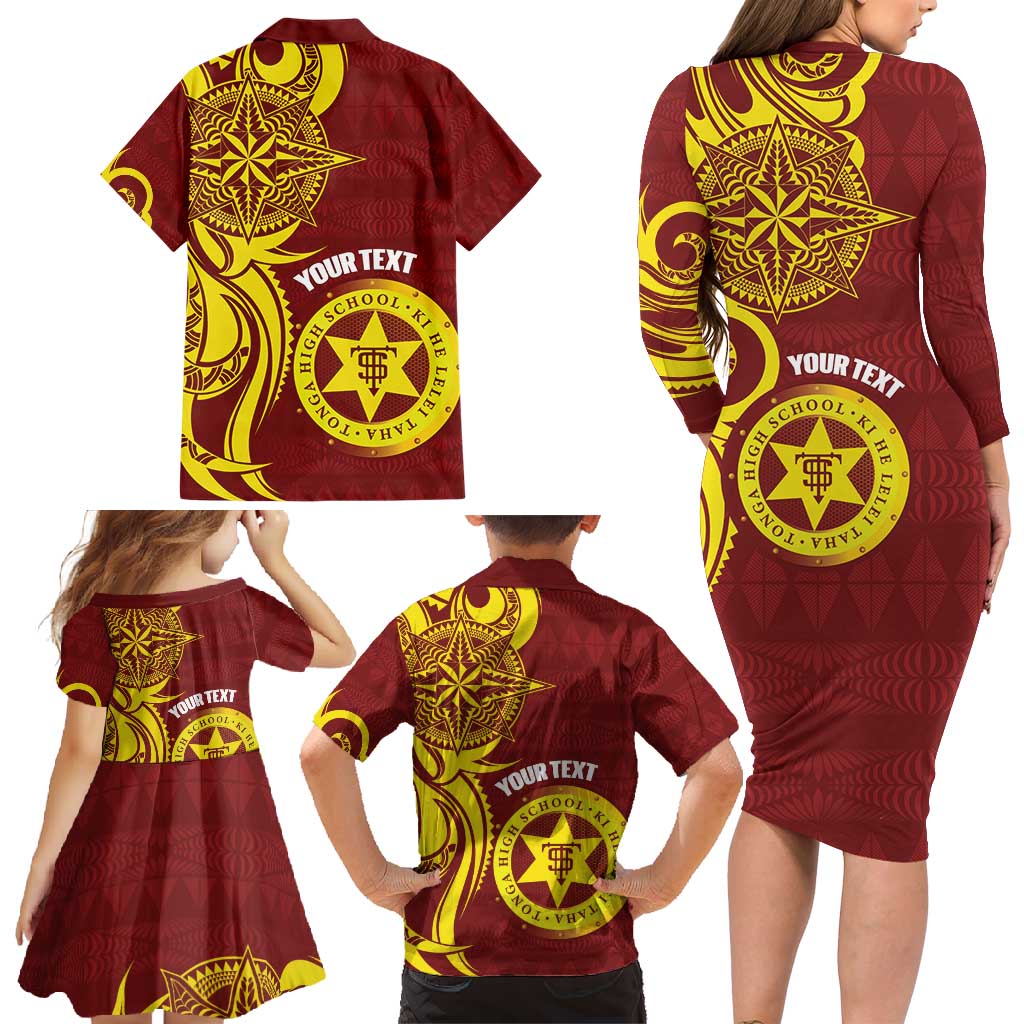 Personalised Tonga High School Family Matching Long Sleeve Bodycon Dress and Hawaiian Shirt THS Tongan Ngatu Pattern - Polynesian Pride