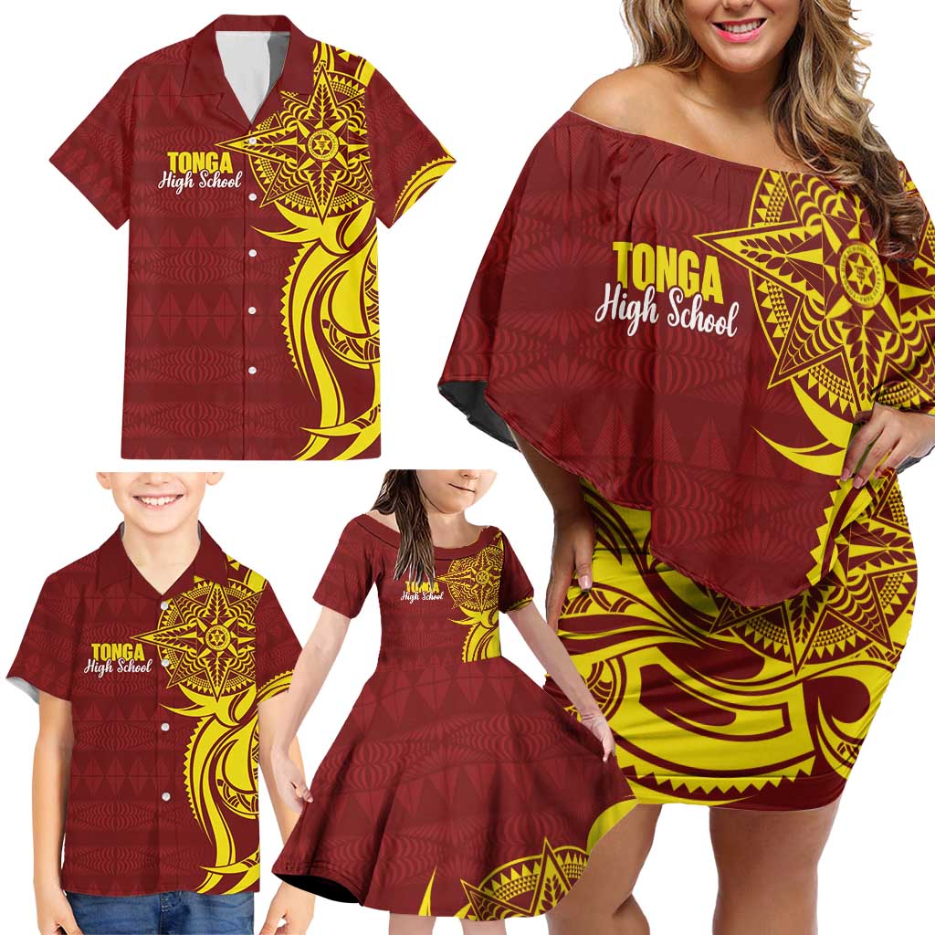 Personalised Tonga High School Family Matching Off Shoulder Short Dress and Hawaiian Shirt THS Tongan Ngatu Pattern - Polynesian Pride