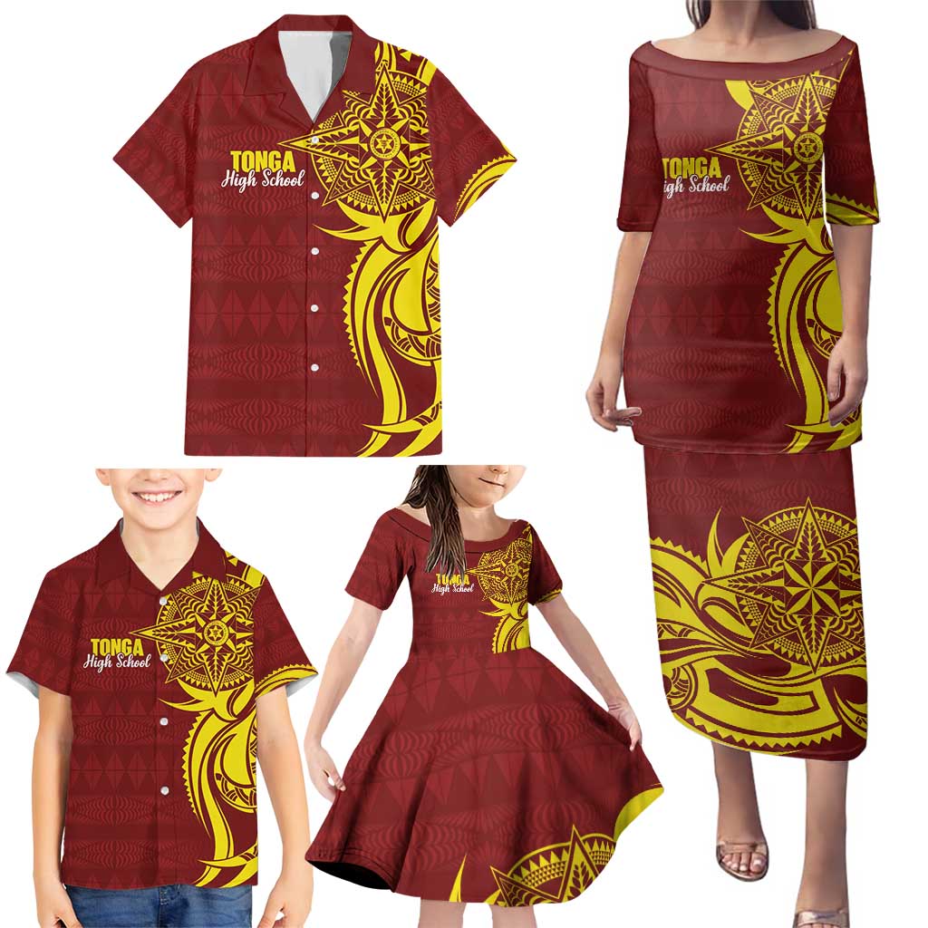 Personalised Tonga High School Family Matching Puletasi and Hawaiian Shirt THS Tongan Ngatu Pattern - Polynesian Pride