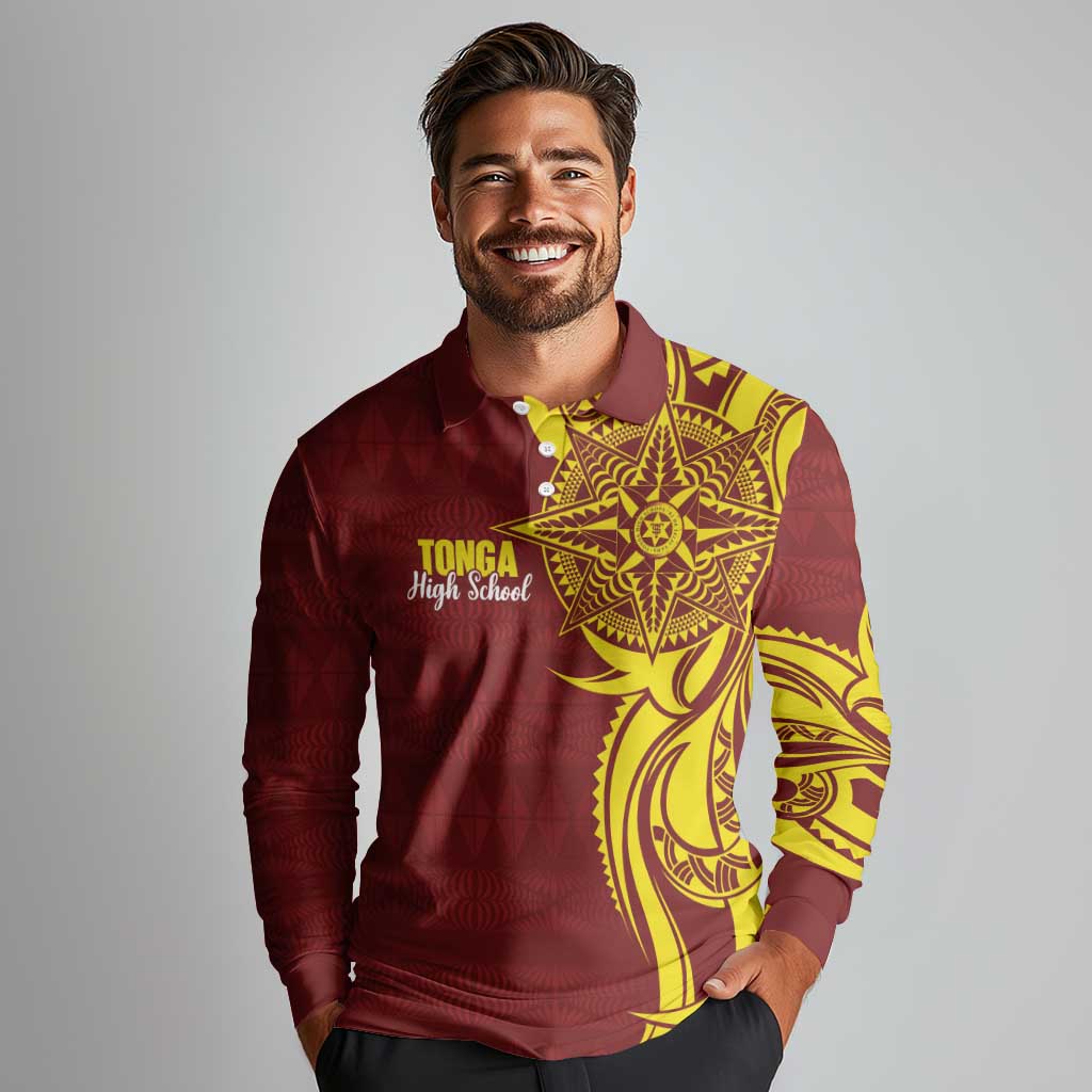 Personalised Tonga High School Long Sleeve Polo Shirt THS Tongan Ngatu Pattern - Polynesian Pride