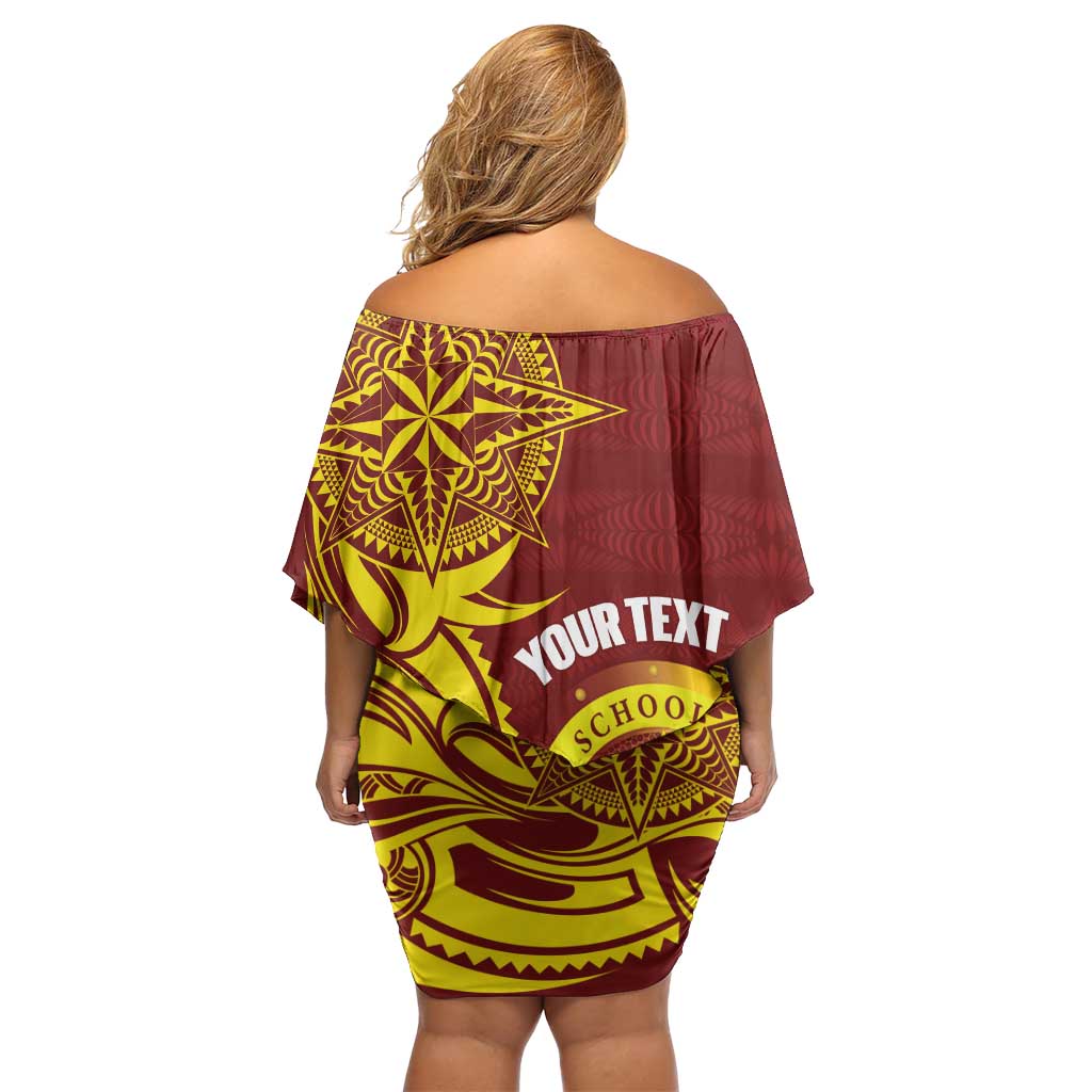 Personalised Tonga High School Off Shoulder Short Dress THS Tongan Ngatu Pattern - Polynesian Pride