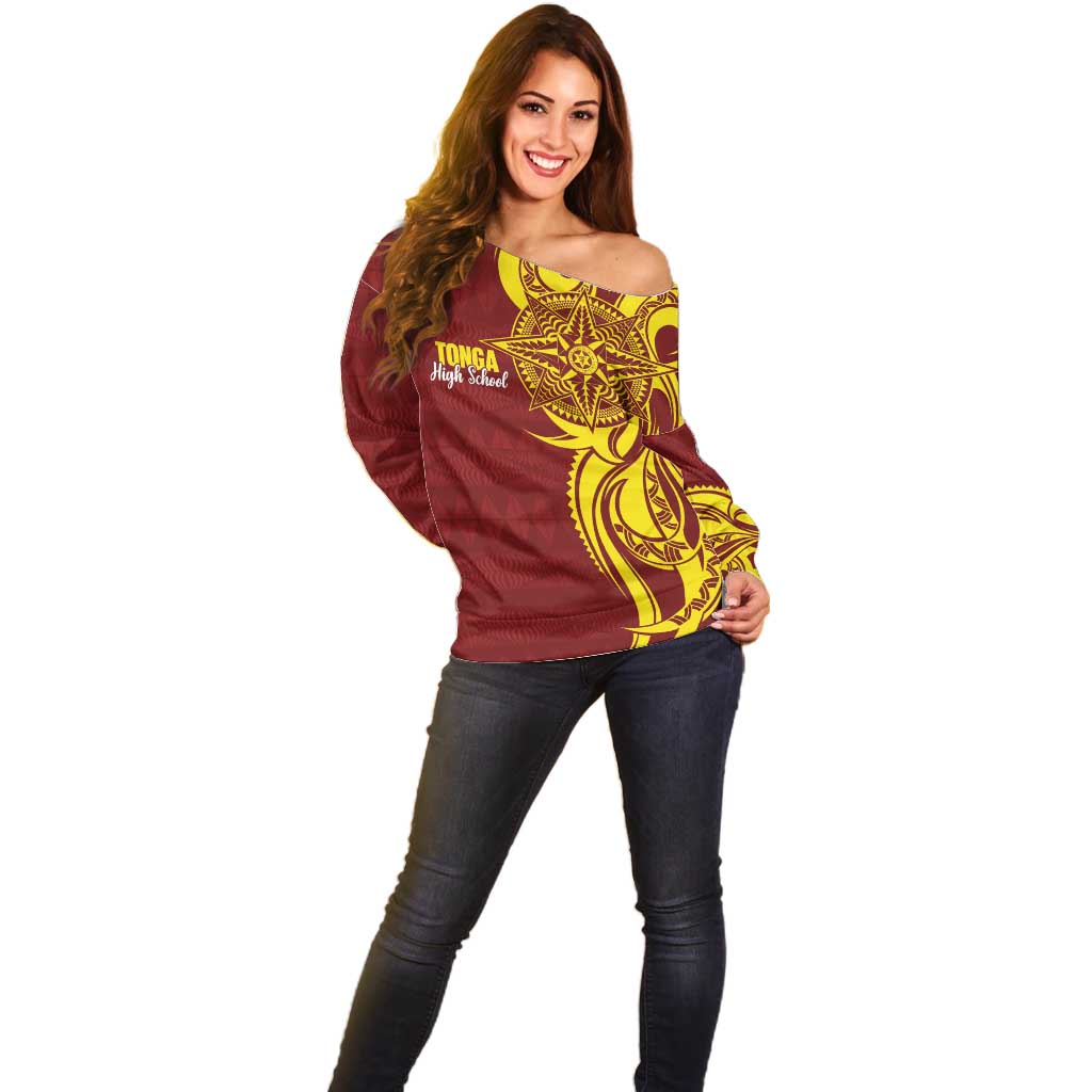 Personalised Tonga High School Off Shoulder Sweater THS Tongan Ngatu Pattern - Polynesian Pride