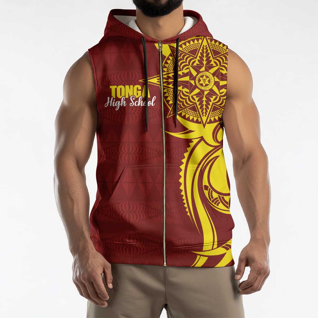 Personalised Tonga High School Sleeveless Zip Hoodie THS Tongan Ngatu Pattern - Polynesian Pride