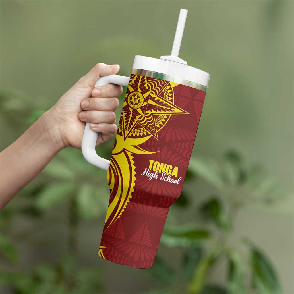 Personalised Tonga High School Tumbler With Handle THS Tongan Ngatu Pattern - Polynesian Pride
