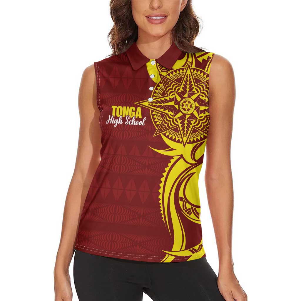 Personalised Tonga High School Women Sleeveless Polo Shirt THS Tongan Ngatu Pattern - Polynesian Pride
