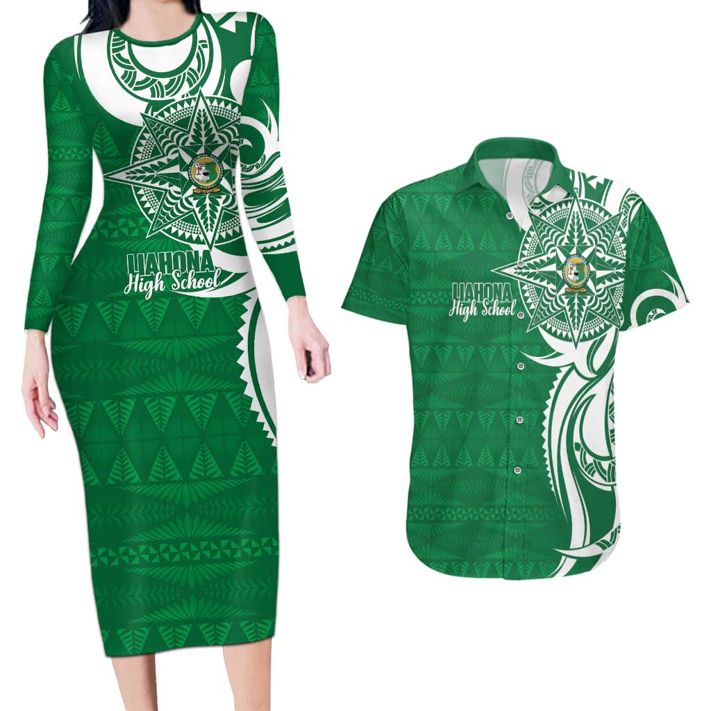 Personalised Liahona - Saineha High School Couples Matching Long Sleeve Bodycon Dress and Hawaiian Shirt Tongan Ngatu Pattern - Polynesian Pride