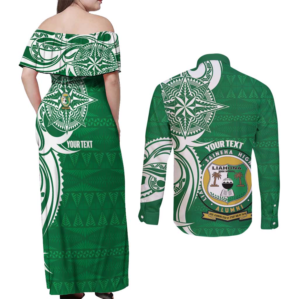 Personalised Liahona - Saineha High School Couples Matching Off Shoulder Maxi Dress and Long Sleeve Button Shirt Tongan Ngatu Pattern - Polynesian Pride