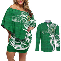 Personalised Liahona - Saineha High School Couples Matching Off Shoulder Short Dress and Long Sleeve Button Shirt Tongan Ngatu Pattern - Polynesian Pride