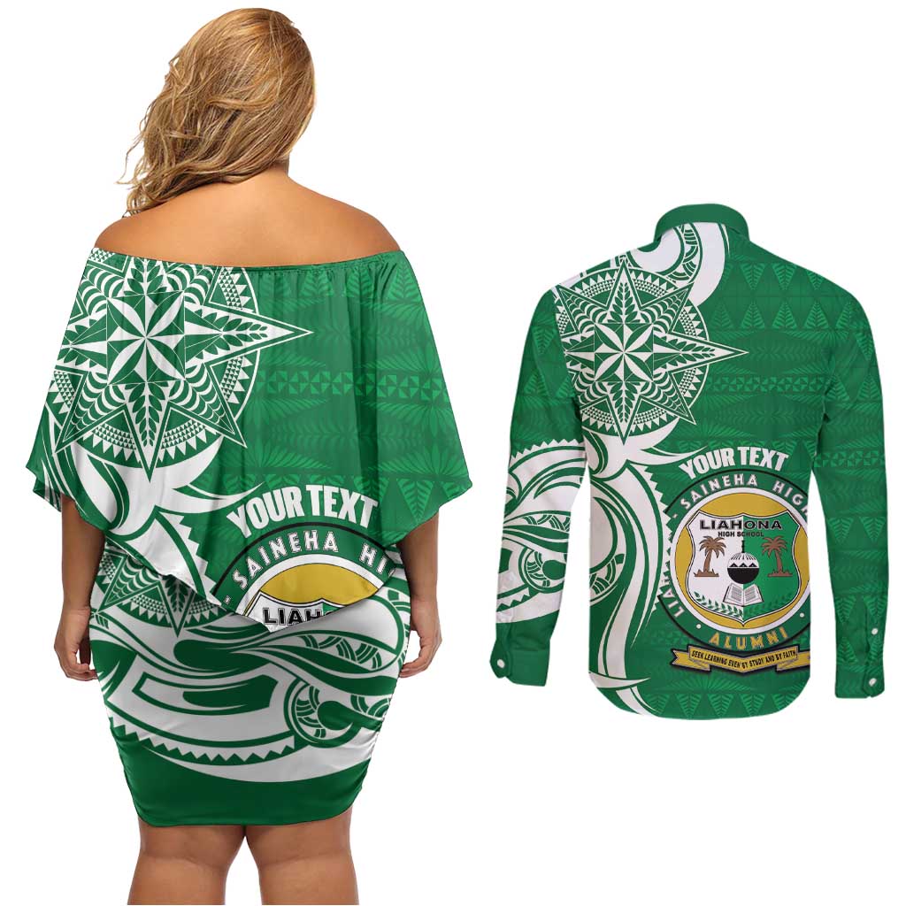 Personalised Liahona - Saineha High School Couples Matching Off Shoulder Short Dress and Long Sleeve Button Shirt Tongan Ngatu Pattern - Polynesian Pride
