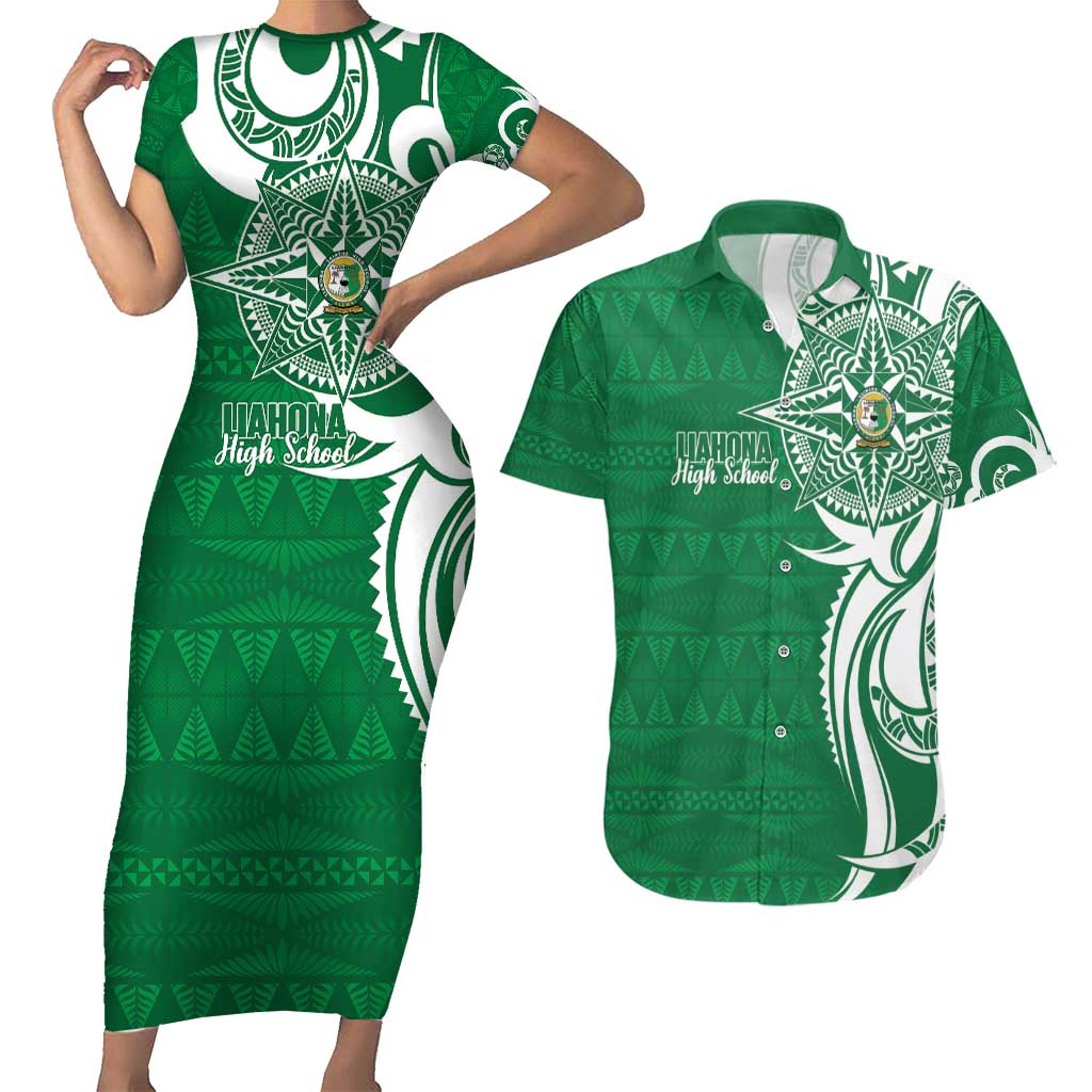 Personalised Liahona - Saineha High School Couples Matching Short Sleeve Bodycon Dress and Hawaiian Shirt Tongan Ngatu Pattern - Polynesian Pride