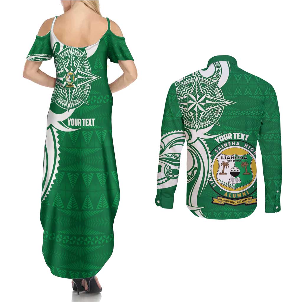 Personalised Liahona - Saineha High School Couples Matching Summer Maxi Dress and Long Sleeve Button Shirt Tongan Ngatu Pattern - Polynesian Pride