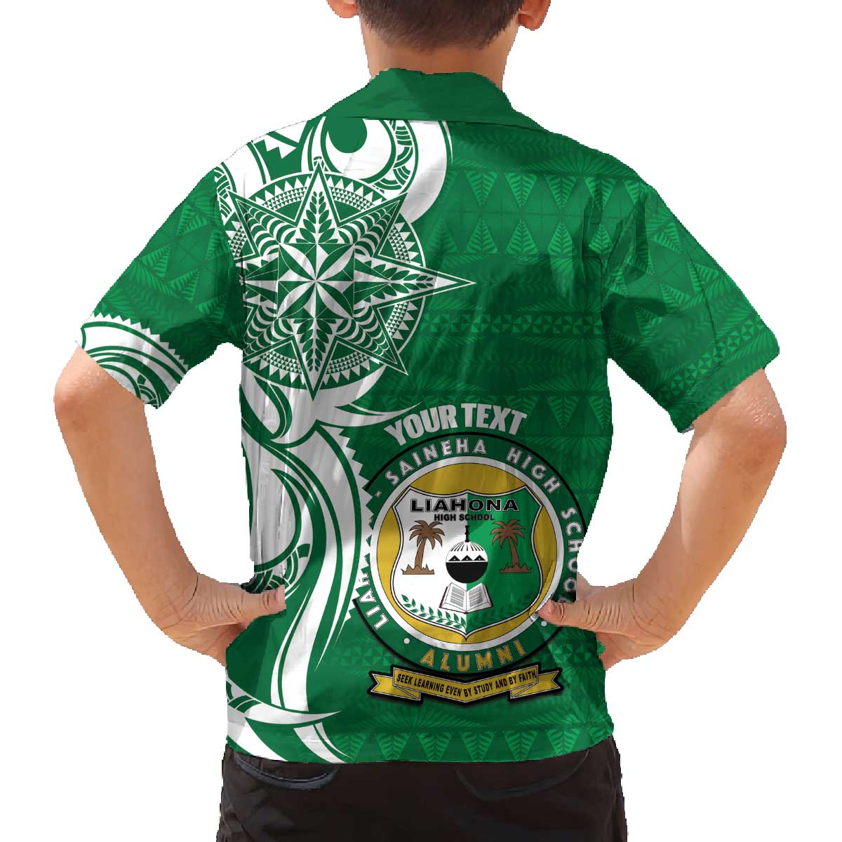 Personalised Liahona - Saineha High School Family Matching Off The Shoulder Long Sleeve Dress and Hawaiian Shirt Tongan Ngatu Pattern - Polynesian Pride