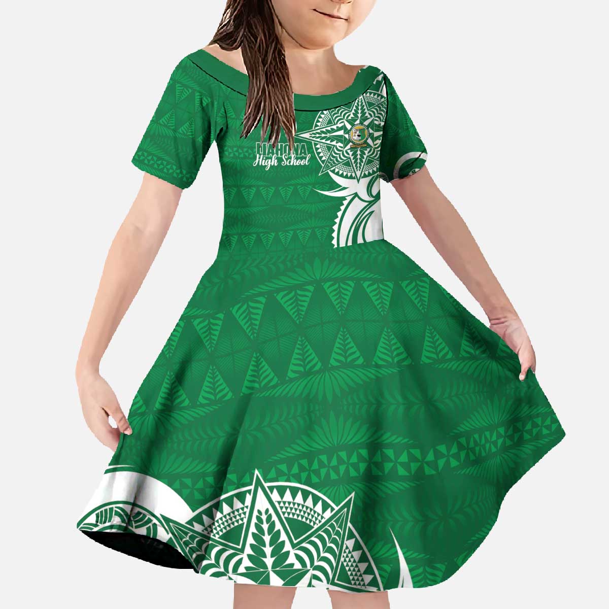 Personalised Liahona - Saineha High School Family Matching Off The Shoulder Long Sleeve Dress and Hawaiian Shirt Tongan Ngatu Pattern - Polynesian Pride