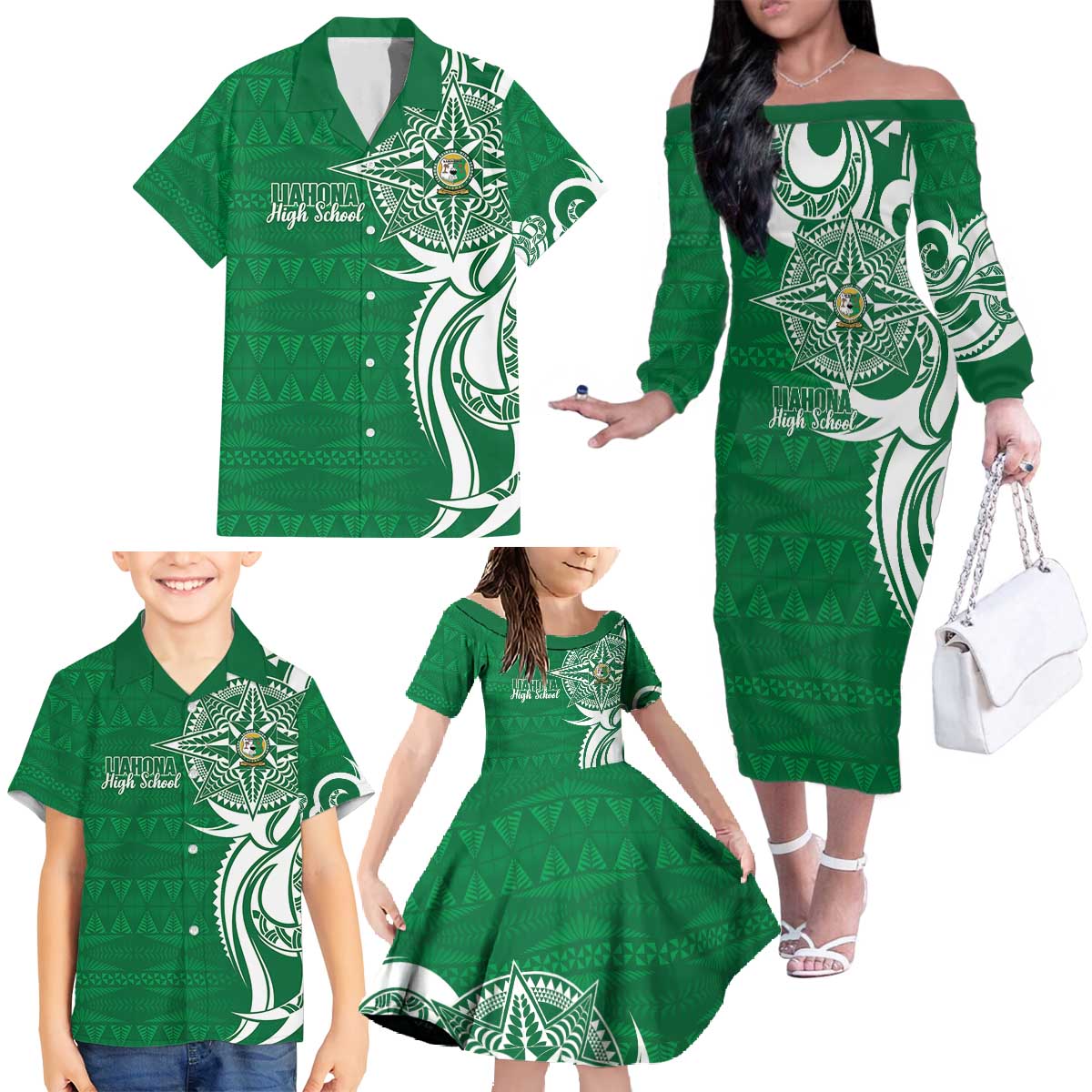 Personalised Liahona - Saineha High School Family Matching Off The Shoulder Long Sleeve Dress and Hawaiian Shirt Tongan Ngatu Pattern - Polynesian Pride