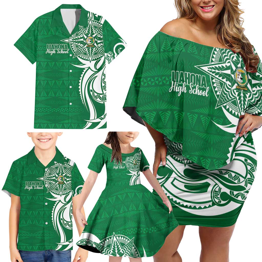 Personalised Liahona - Saineha High School Family Matching Off Shoulder Short Dress and Hawaiian Shirt Tongan Ngatu Pattern - Polynesian Pride