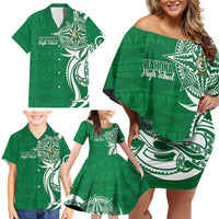 Personalised Liahona - Saineha High School Family Matching Off Shoulder Short Dress and Hawaiian Shirt Tongan Ngatu Pattern - Polynesian Pride