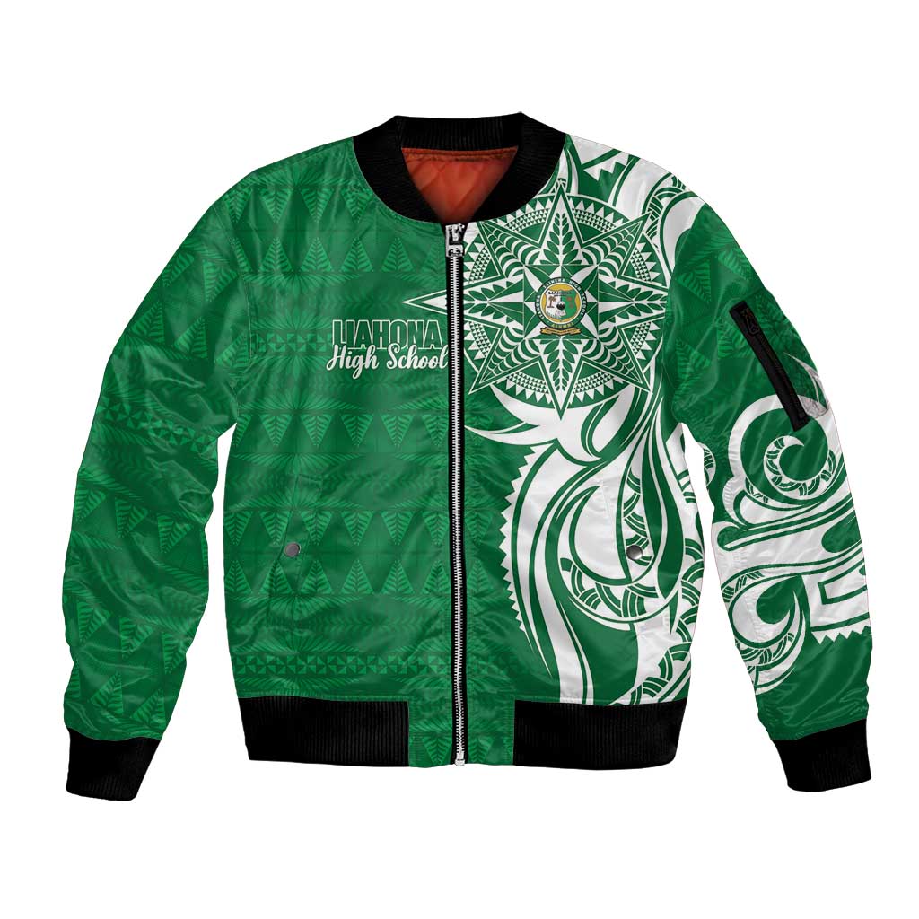 Personalised Liahona - Saineha High School Sleeve Zip Bomber Jacket Tongan Ngatu Pattern - Polynesian Pride