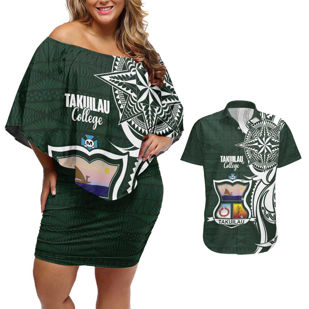 Personalised Tonga Takuilau College Couples Matching Off Shoulder Short Dress and Hawaiian Shirt Est 1975 Tongan Ngatu Pattern - Polynesian Pride