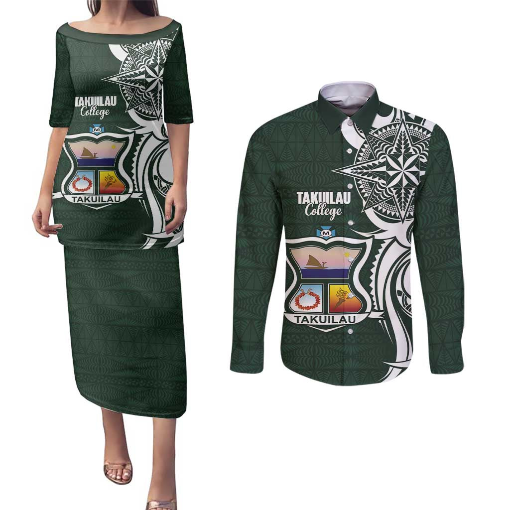 Personalised Tonga Takuilau College Couples Matching Puletasi and Long Sleeve Button Shirt Est 1975 Tongan Ngatu Pattern - Polynesian Pride