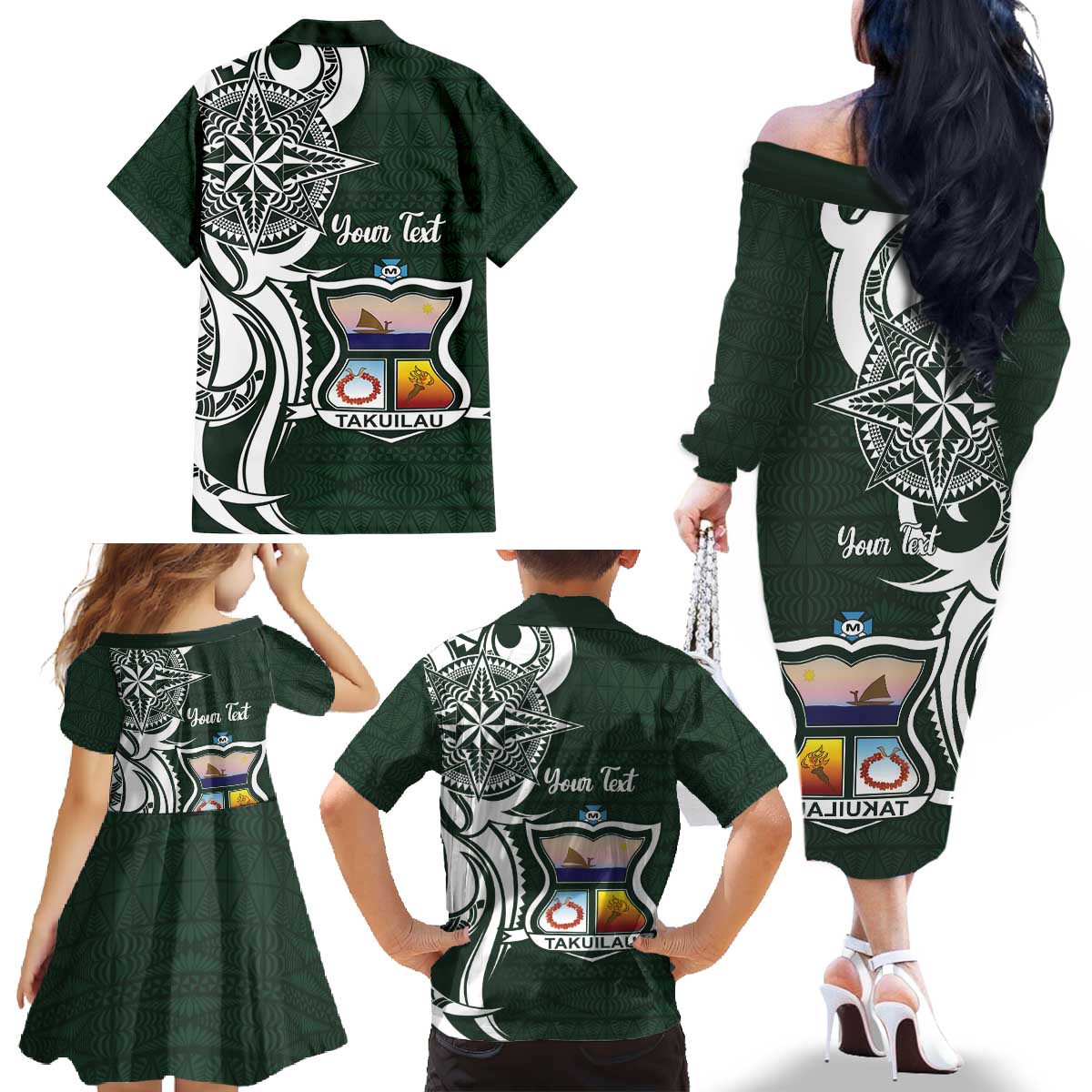 Personalised Tonga Takuilau College Family Matching Off The Shoulder Long Sleeve Dress and Hawaiian Shirt Est 1975 Tongan Ngatu Pattern - Polynesian Pride