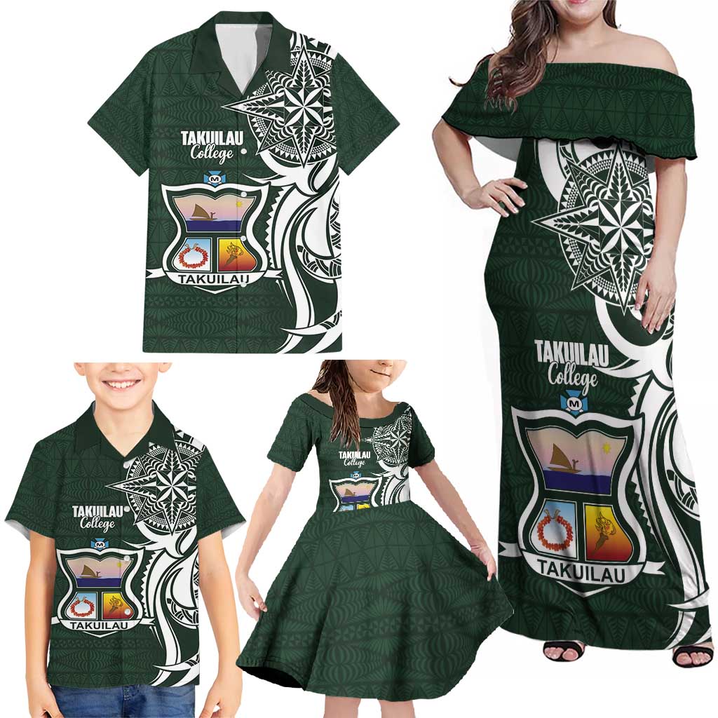 Personalised Tonga Takuilau College Family Matching Off Shoulder Maxi Dress and Hawaiian Shirt Est 1975 Tongan Ngatu Pattern - Polynesian Pride