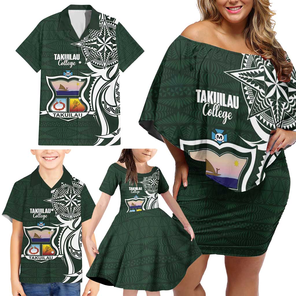 Personalised Tonga Takuilau College Family Matching Off Shoulder Short Dress and Hawaiian Shirt Est 1975 Tongan Ngatu Pattern - Polynesian Pride